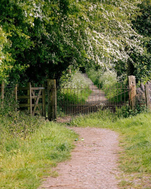 A closed metal gate spans a rural path, with a smaller wooden gate beside it.