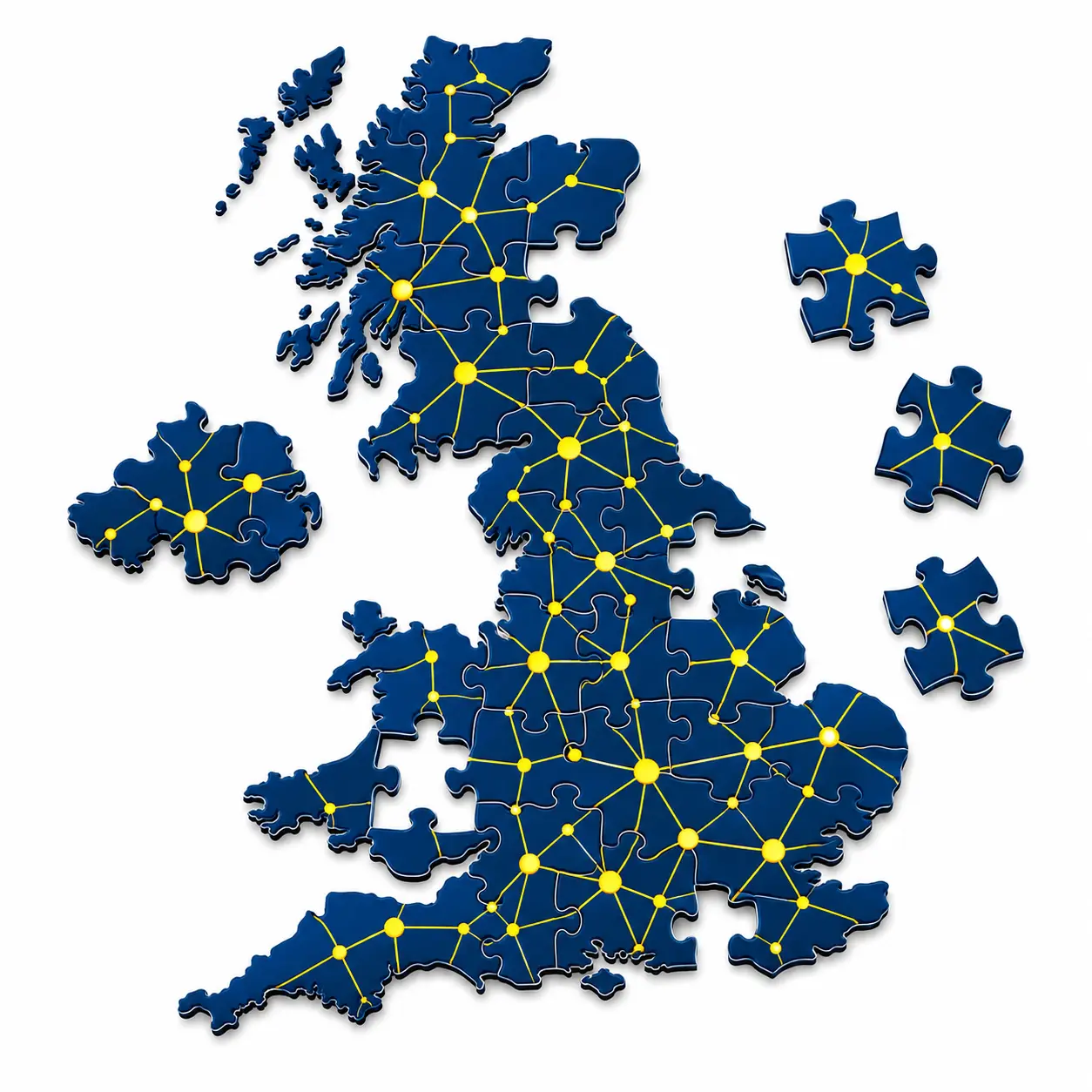Illustration of the UK as a jigsaw, its pieces linked by a network of yellow routes and junctions