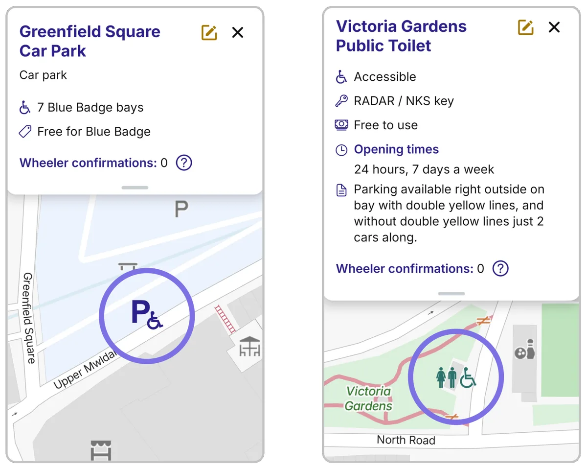 Two Mobility Mapper map cards: Greenfield Square Car Park with seven free Blue Badge bays, and Victoria Gardens Public Toilet — accessible, RADAR key, free, open 24 hours