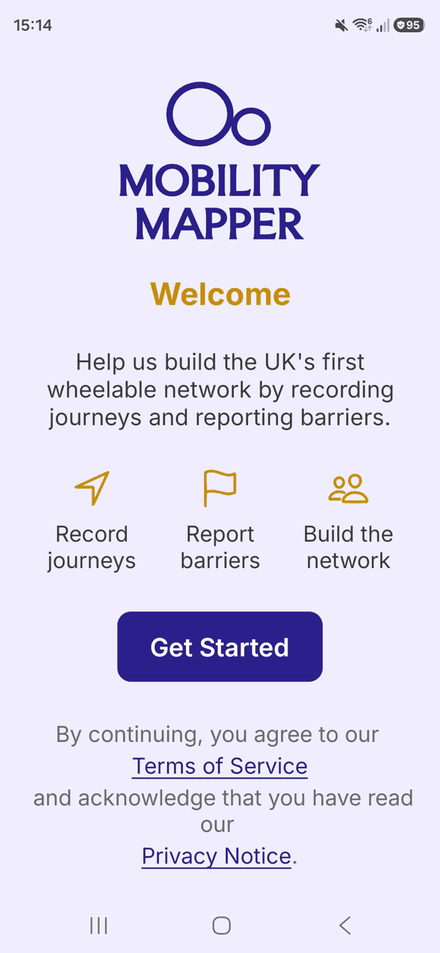 The app's Welcome screen, with a Get Started button
