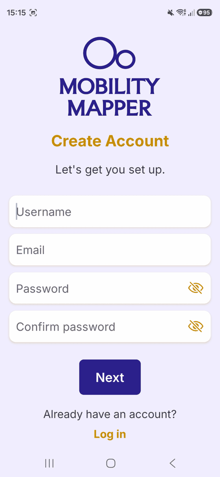 The Create Account screen, with boxes for username, email, password and confirm password