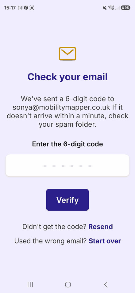 The Check your email screen, with a box for the 6-digit code and a Verify button