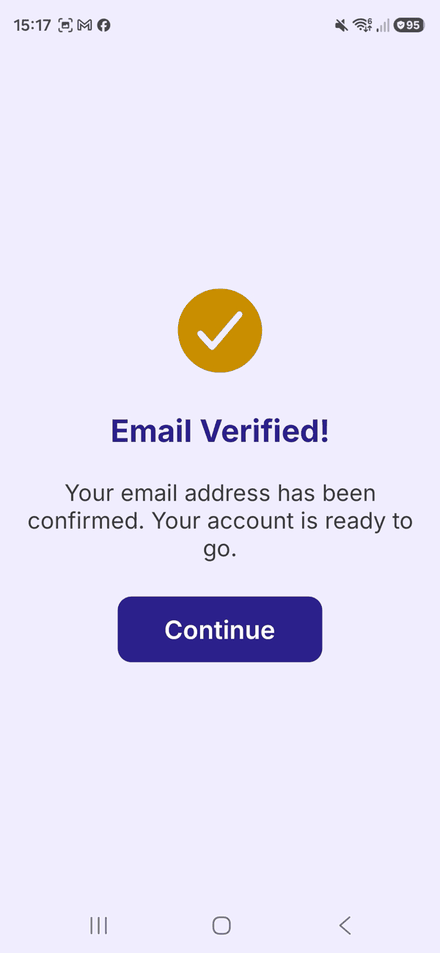 The Email Verified screen, with a Continue button