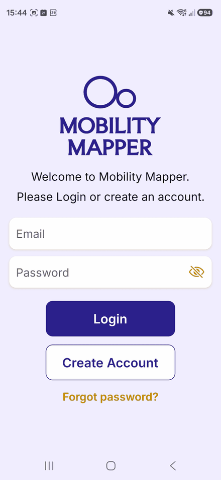 The Login screen, with email and password boxes, a Login button, and Create Account and Forgot password links