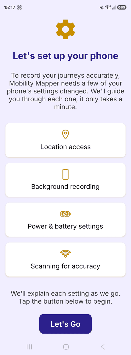 The Let's set up your phone screen, listing location access, background recording, power and battery settings, and scanning for accuracy