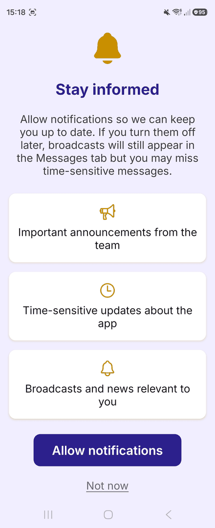 The Stay informed screen, with Allow notifications and Not now buttons