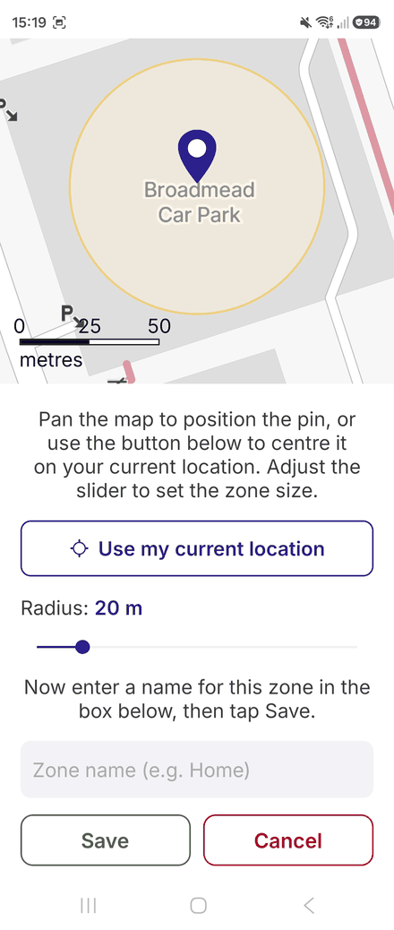 Adding a privacy zone: a map with a shaded circle, a radius slider set to 20 metres, and a box for the zone name