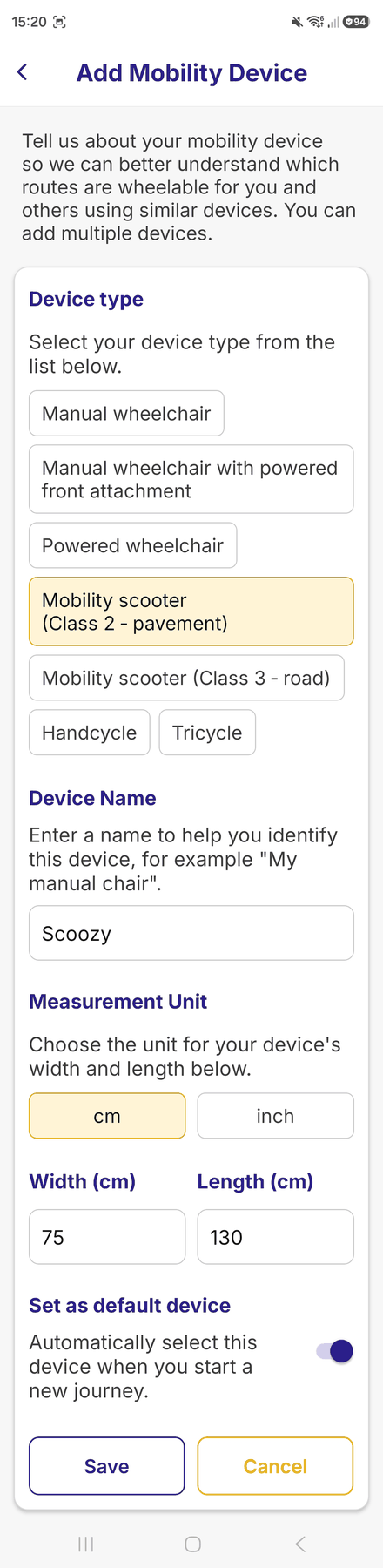 The Add Mobility Device form, showing the device type, name, measurements and the Save button
