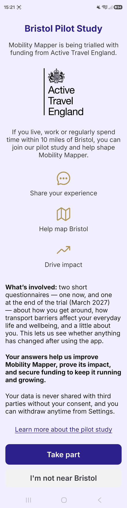 The Bristol Pilot Study screen, with Take part and I'm not near Bristol buttons