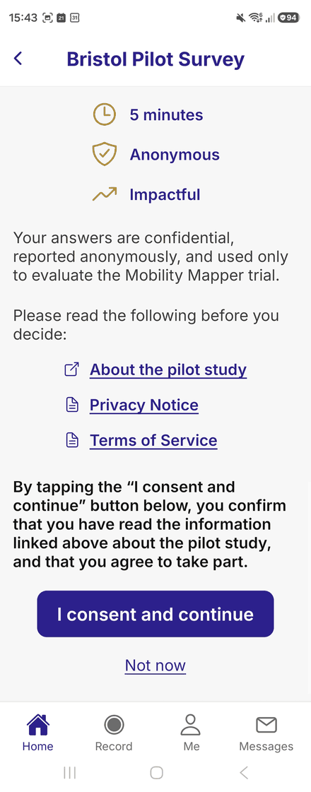 The Bristol Pilot Survey consent screen: 5 minutes, anonymous, with links to the pilot study information and an I consent and continue button