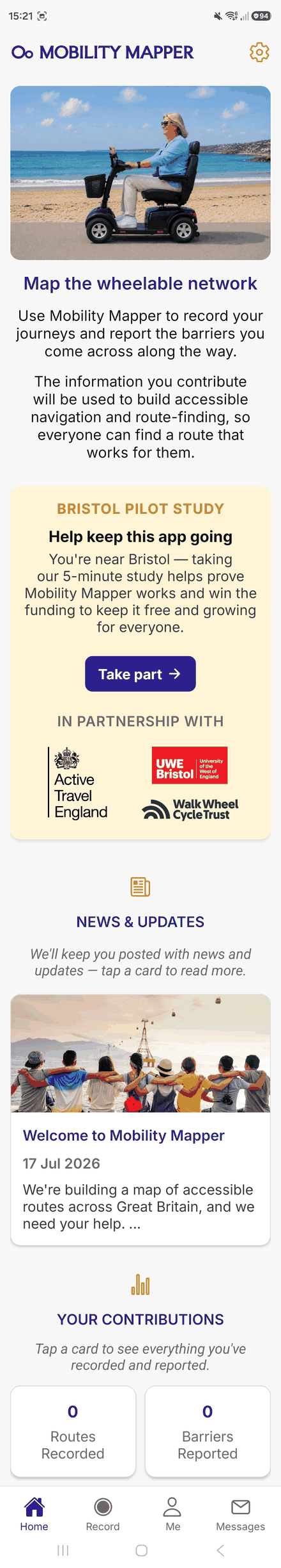 The Home screen, showing News and Updates, Your Contributions, and barriers near you