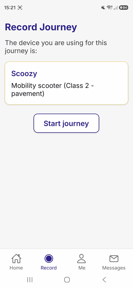 The Record Journey screen, showing the selected device and a Start journey button