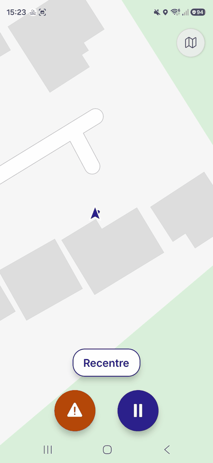 A journey being recorded: a map with your position, a Recentre button, and the report barrier and pause buttons