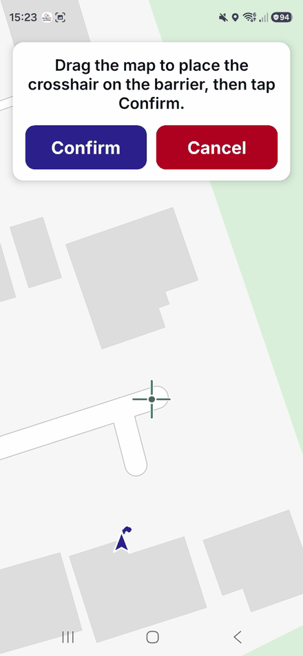Placing a barrier: a crosshair over the map with Confirm and Cancel buttons