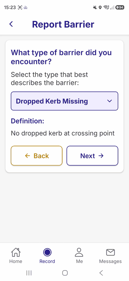 Choosing a barrier type, with Dropped Kerb Missing selected and its definition shown below