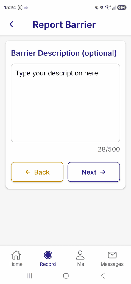 The optional barrier description box, with a character counter