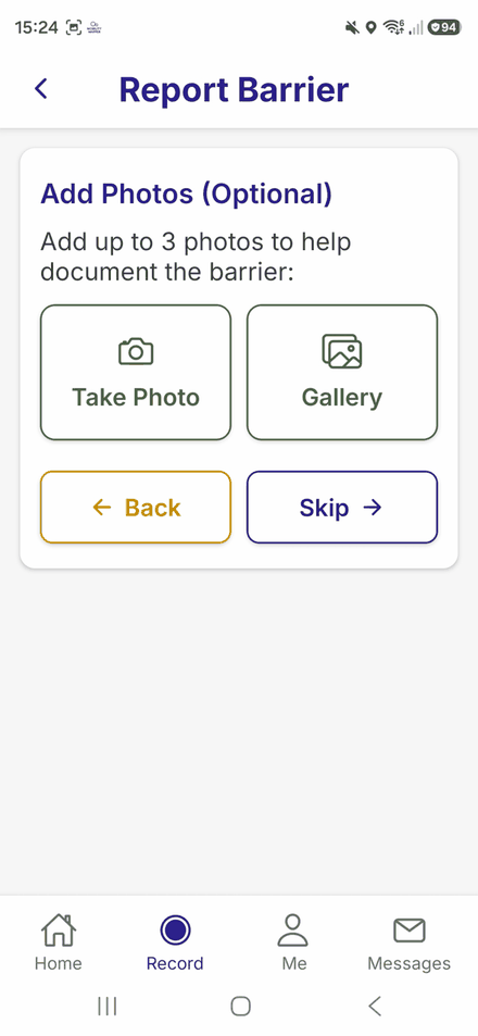 The Add Photos step, offering Take Photo and Gallery, with a Skip button