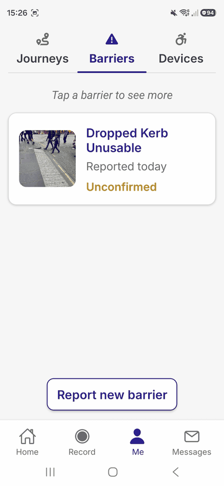 The Barriers sub-tab, showing a reported dropped kerb marked Unconfirmed, and a Report new barrier button