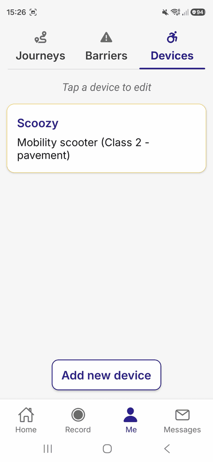 The Devices sub-tab, showing a saved mobility scooter and an Add new device button