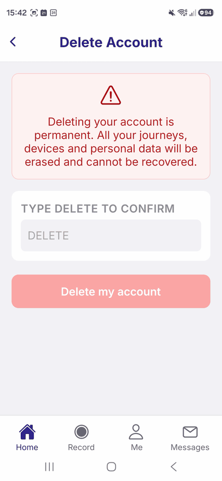The Delete Account screen, warning that deletion is permanent, with a Type DELETE to confirm box