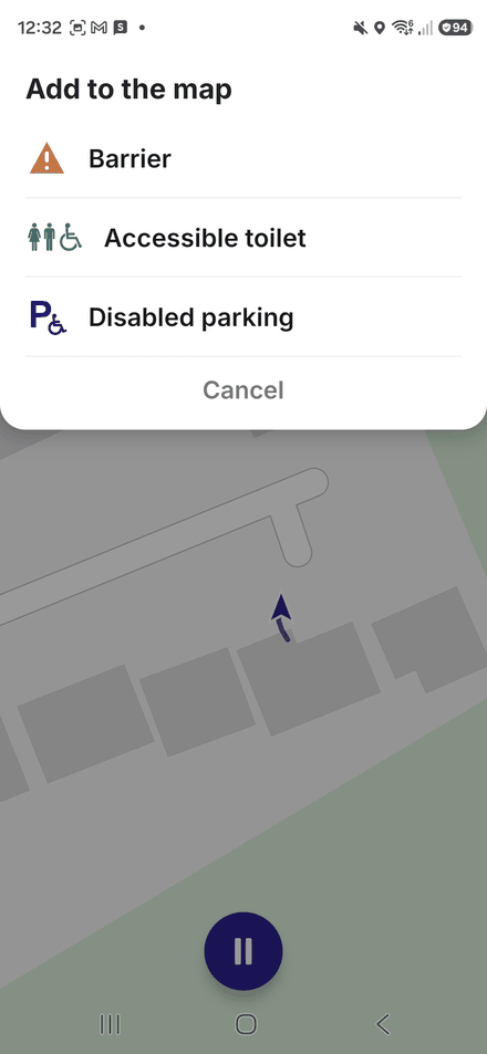 The Add to the map chooser, offering Barrier, Accessible toilet and Disabled parking