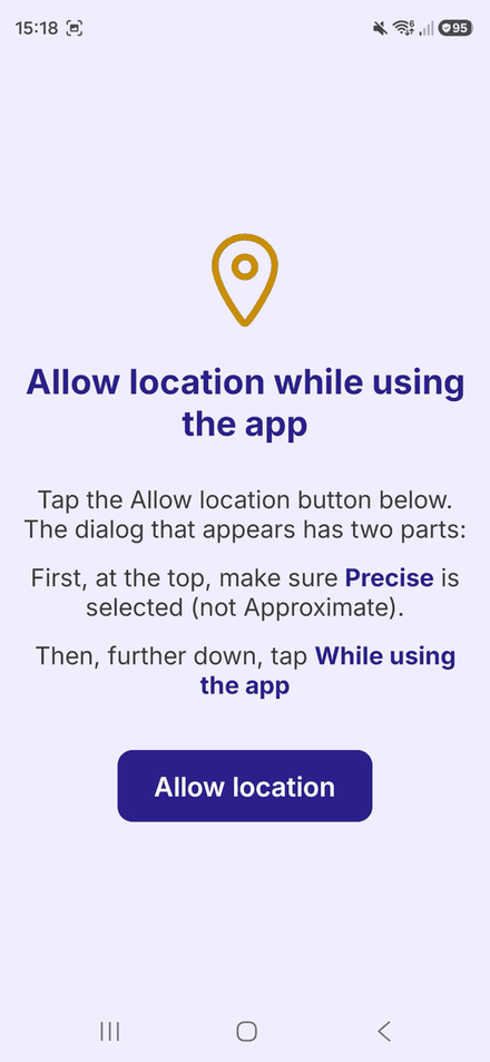 Android: the Allow location while using the app screen, explaining the two-part permission dialog