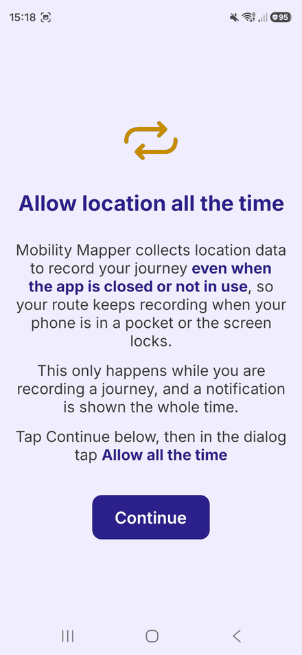 The Allow location all the time screen, explaining background recording, with a Continue button