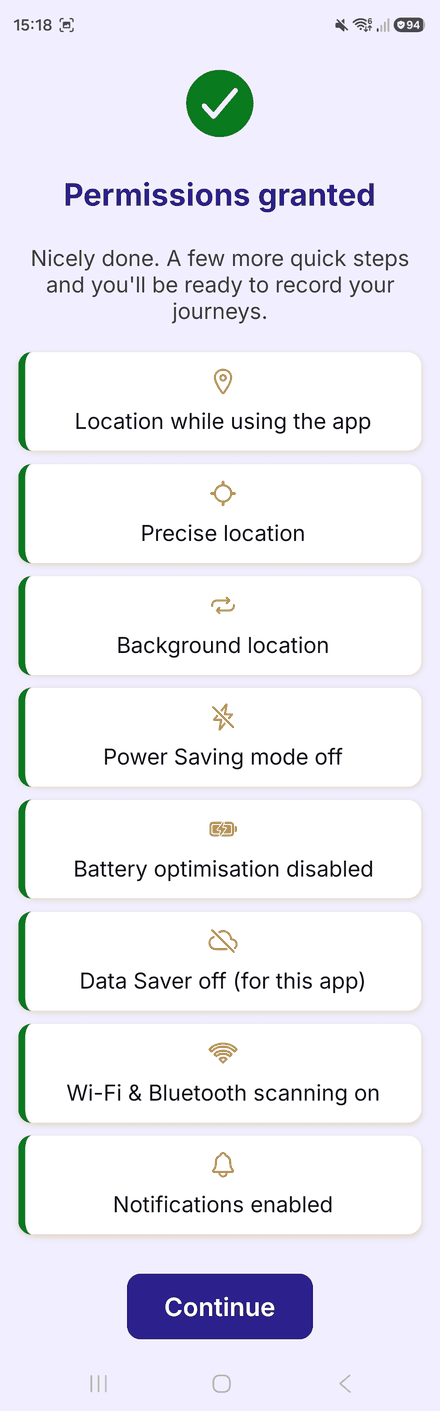 The Permissions granted checklist, showing eight green ticks on Android and a Continue button