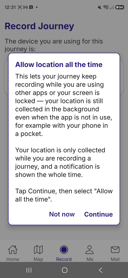 The Allow location all the time explanation, ending Tap Continue, then select Allow all the time