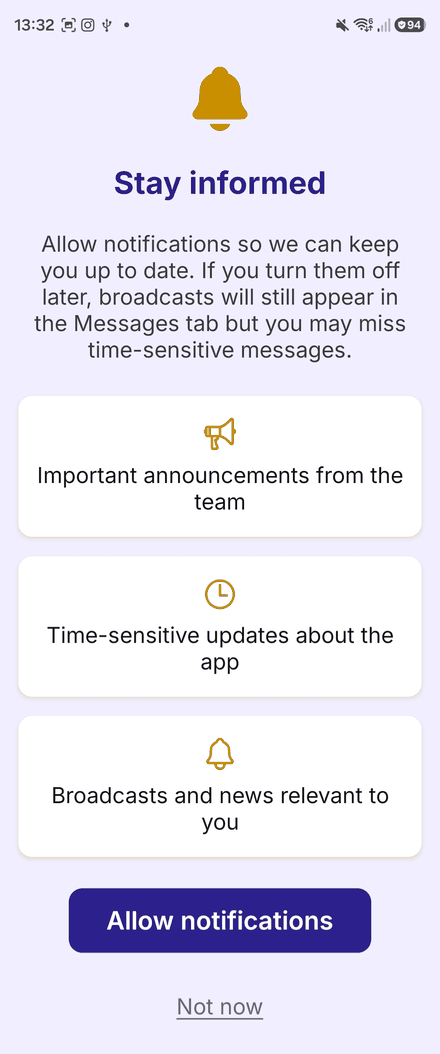 The Stay informed screen, listing what notifications are used for, with an Allow notifications button