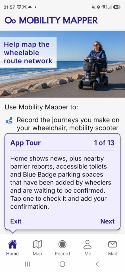 The App Tour card over the Home screen, step 1 of 13, with Exit and Next buttons
