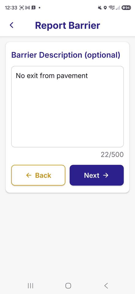 The optional barrier description box, with up to 500 characters