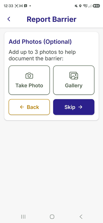 The Add Photos step, with Take Photo and Gallery buttons