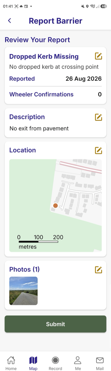 Review Your Report: the barrier type with reported date and confirmations, description, location map and photo, each with an Edit pencil, and a Submit button