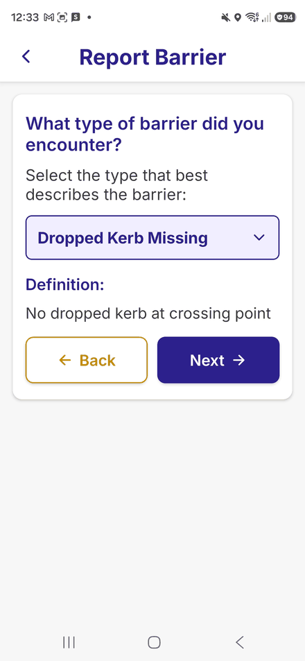 The barrier type picker, showing Dropped Kerb Missing selected with its definition