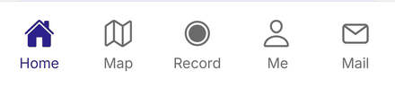The five tabs along the bottom of the app: Home, Map, Record, Me and Mail