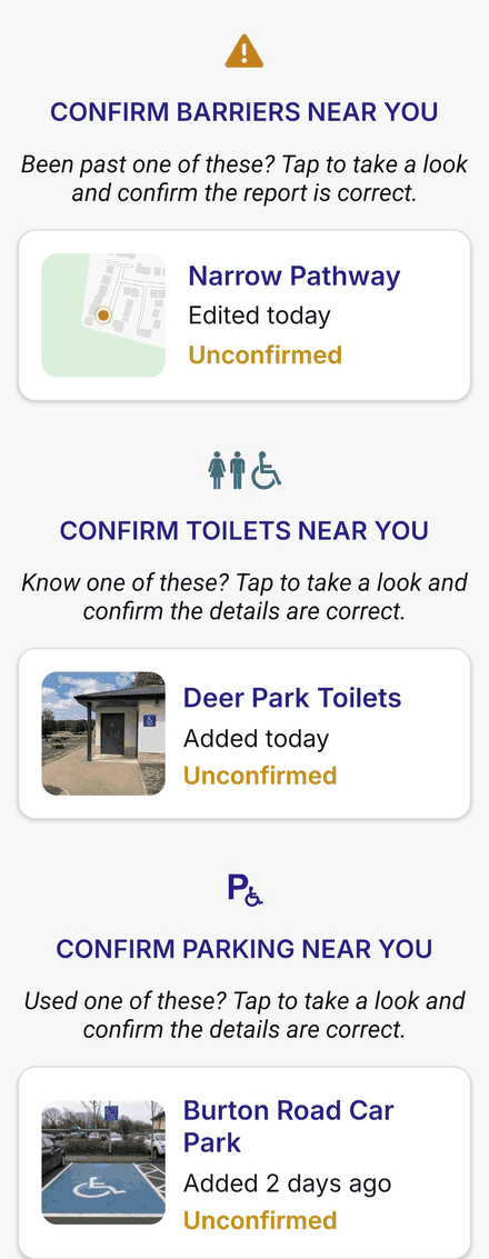 Home’s Confirm Barriers, Confirm Toilets and Confirm Parking Near You sections, each listing an unconfirmed item