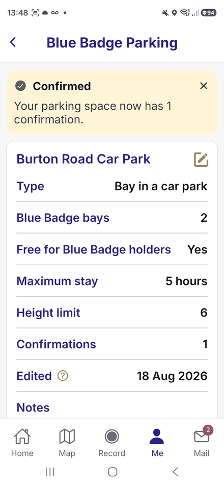 A parking space’s page with a Confirmed banner: your parking space now has 1 confirmation
