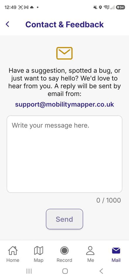 The Contact and Feedback screen, with a message box that sends to the Mobility Mapper team