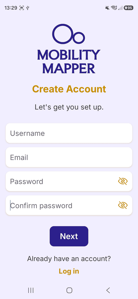 The Create Account screen, with boxes for username, email, password and confirm password