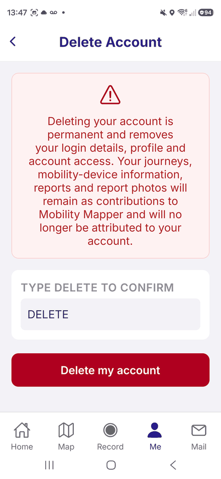 The Delete Account screen, warning that deletion is permanent, with a Type DELETE to confirm box