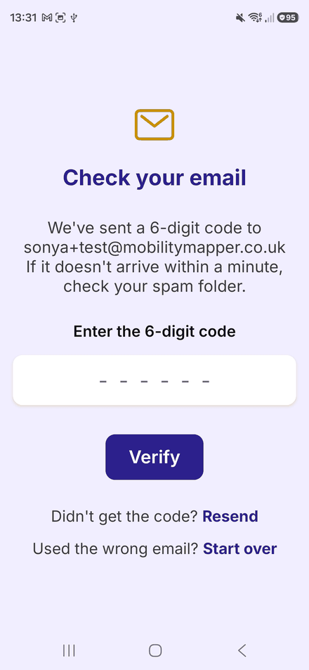 The Check your email screen, with six boxes for the emailed code and a Verify button