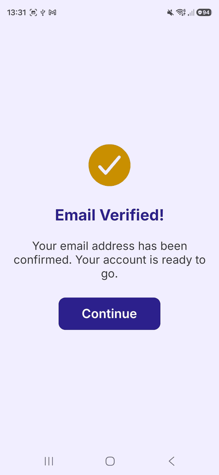 The Email Verified screen with a tick and a Continue button