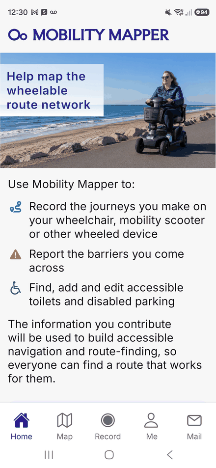 The top of the Home screen, explaining what Mobility Mapper is for, with the five tabs below