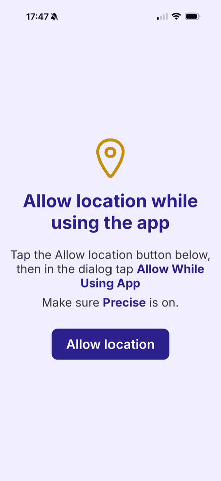 iPhone: the Allow location while using the app screen, telling you to tap Allow While Using App and make sure Precise is on