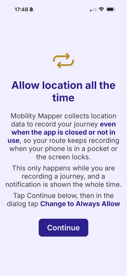 iPhone: the Allow location all the time screen, telling you to tap Change to Always Allow
