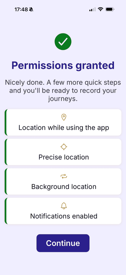 iPhone: the Permissions granted checklist with four green rows and a Continue button