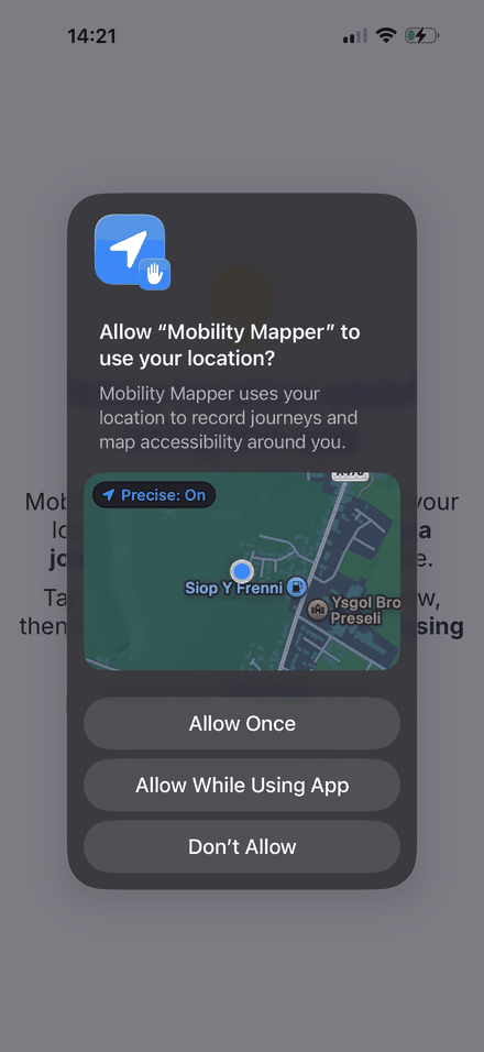 iPhone: the system location dialog, with Allow Once, Allow While Using App and Don’t Allow, and Precise on