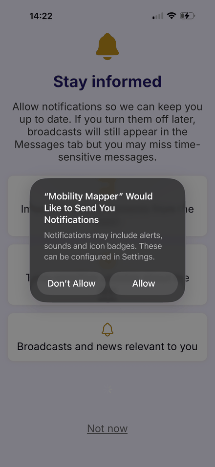 iPhone: the Stay informed screen behind the system prompt asking to allow notifications