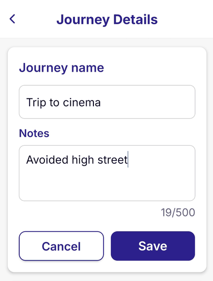 The journey name and notes editor, with Cancel and Save buttons